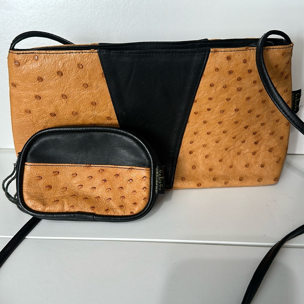 Ostrich Tan and Black Shoulder Bag and coin purse